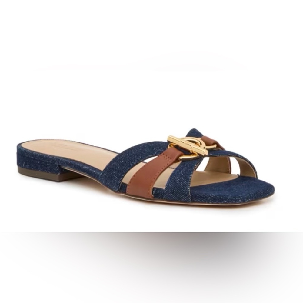 Ralph Lauren Blaike Cross-Dyed Leather Dark Blue Denim, Gold Slide Sandal Sz 8